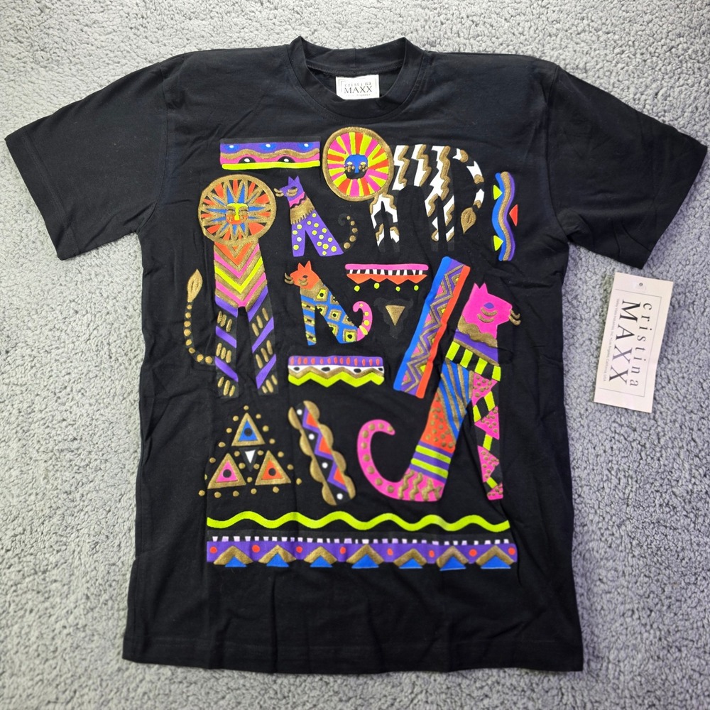 Cristina Maxx Handcrafted Graphic T-Shirt Black Neon Animal Print USA Made S